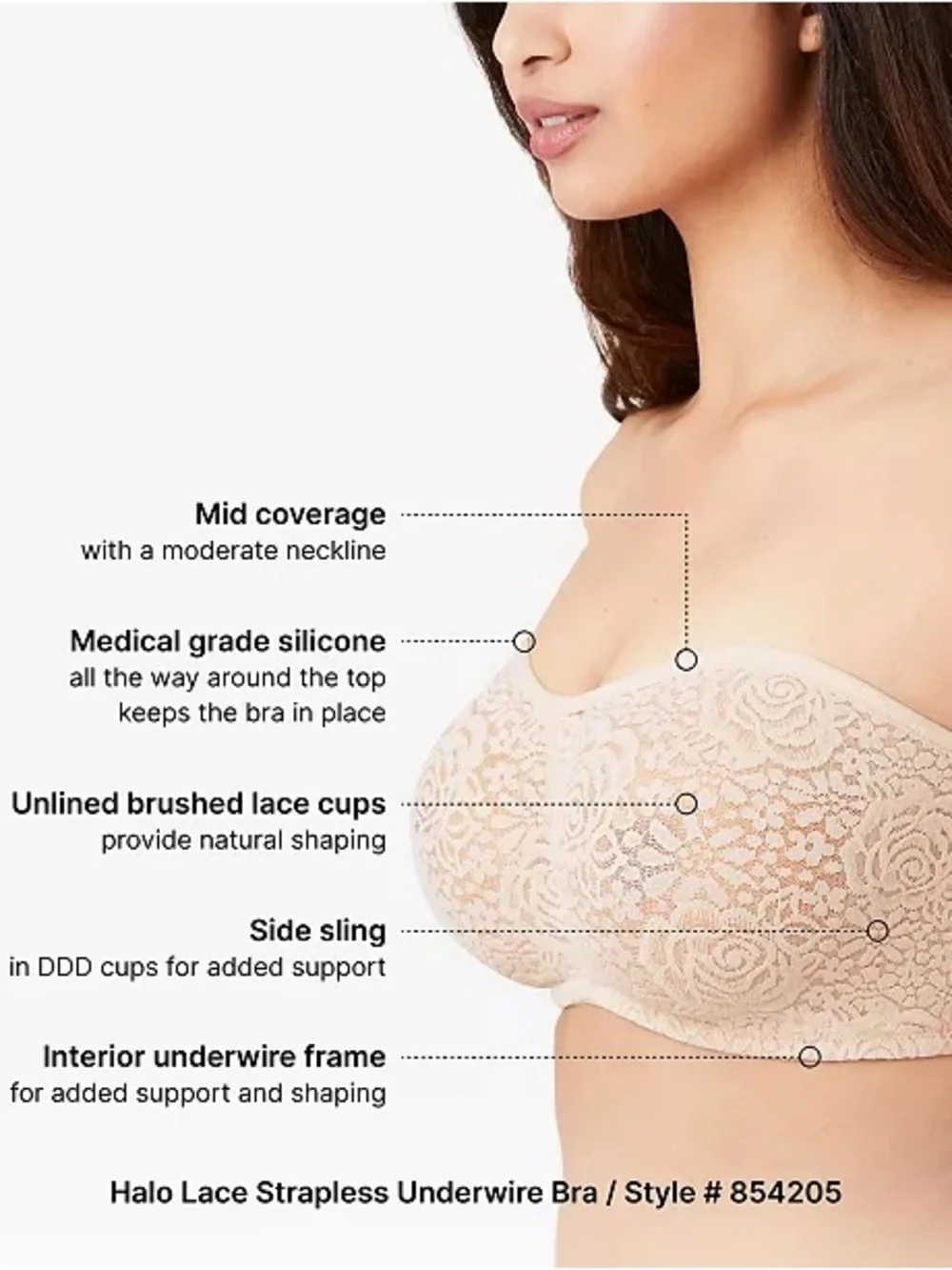 NWT Wacoal Halo Lace Strapless Convertible Bra 854205 in Beige, Women's 32DD